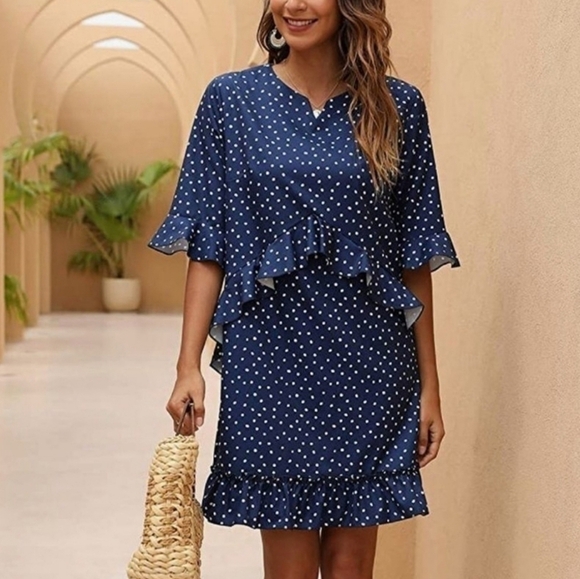 Cherfly Polka Dot Ruffle Dress Size Small NWT - Picture 1 of 9
